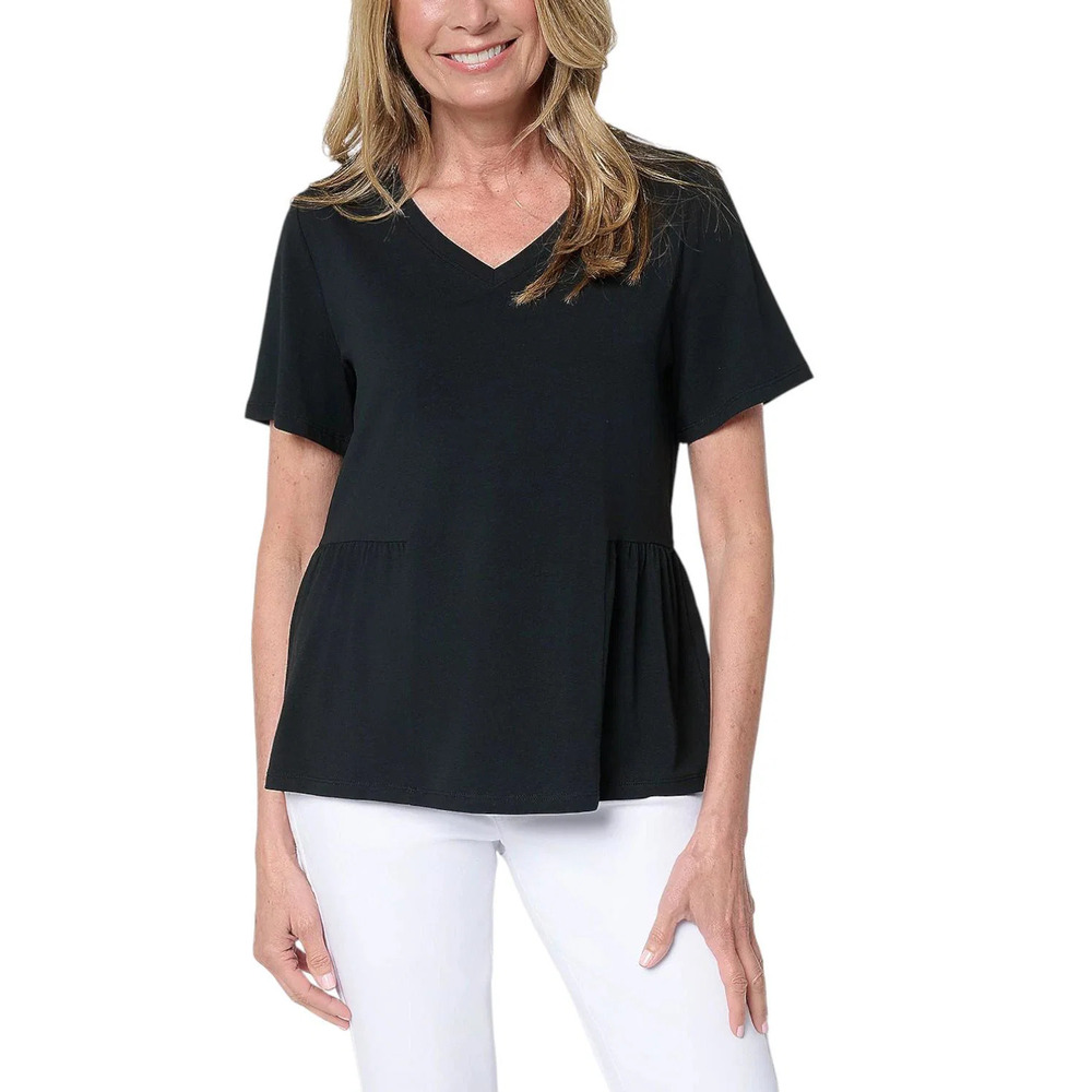 AnyBody Women's Cozy Knit Jersey Short Sleeve Peplum Top Blk - Regular